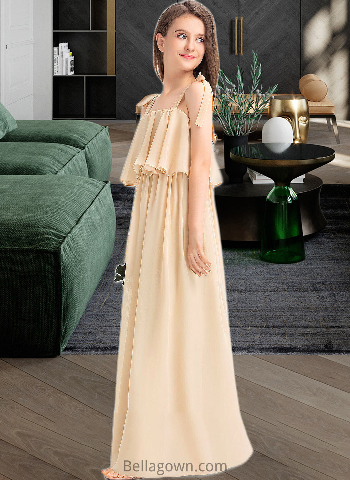 Maria A-Line Square Neckline Floor-Length Chiffon Junior Bridesmaid Dress With Bow(s) Cascading Ruffles DNP0013428