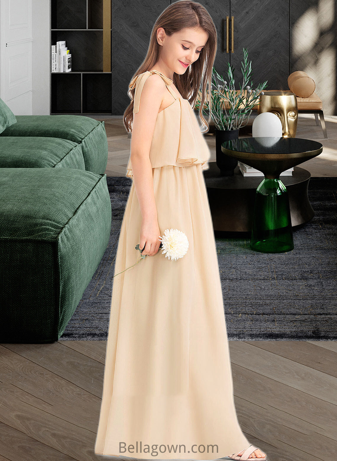 Maria A-Line Square Neckline Floor-Length Chiffon Junior Bridesmaid Dress With Bow(s) Cascading Ruffles DNP0013428