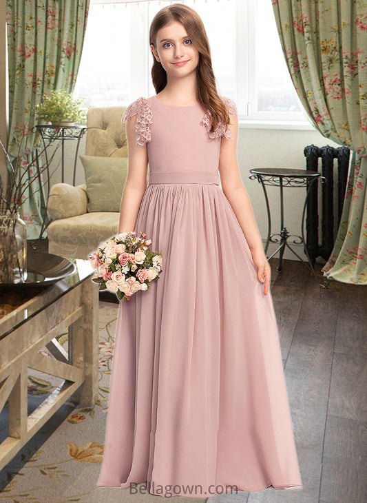 Hadley A-Line Scoop Neck Floor-Length Chiffon Lace Junior Bridesmaid Dress With Bow(s) DNP0013429