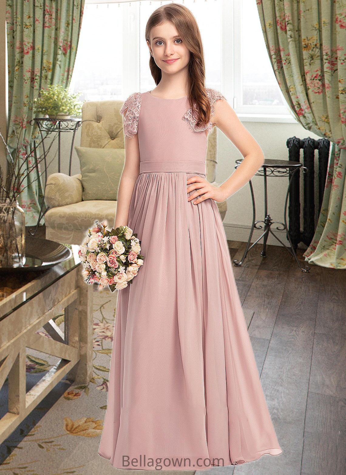 Hadley A-Line Scoop Neck Floor-Length Chiffon Lace Junior Bridesmaid Dress With Bow(s) DNP0013429