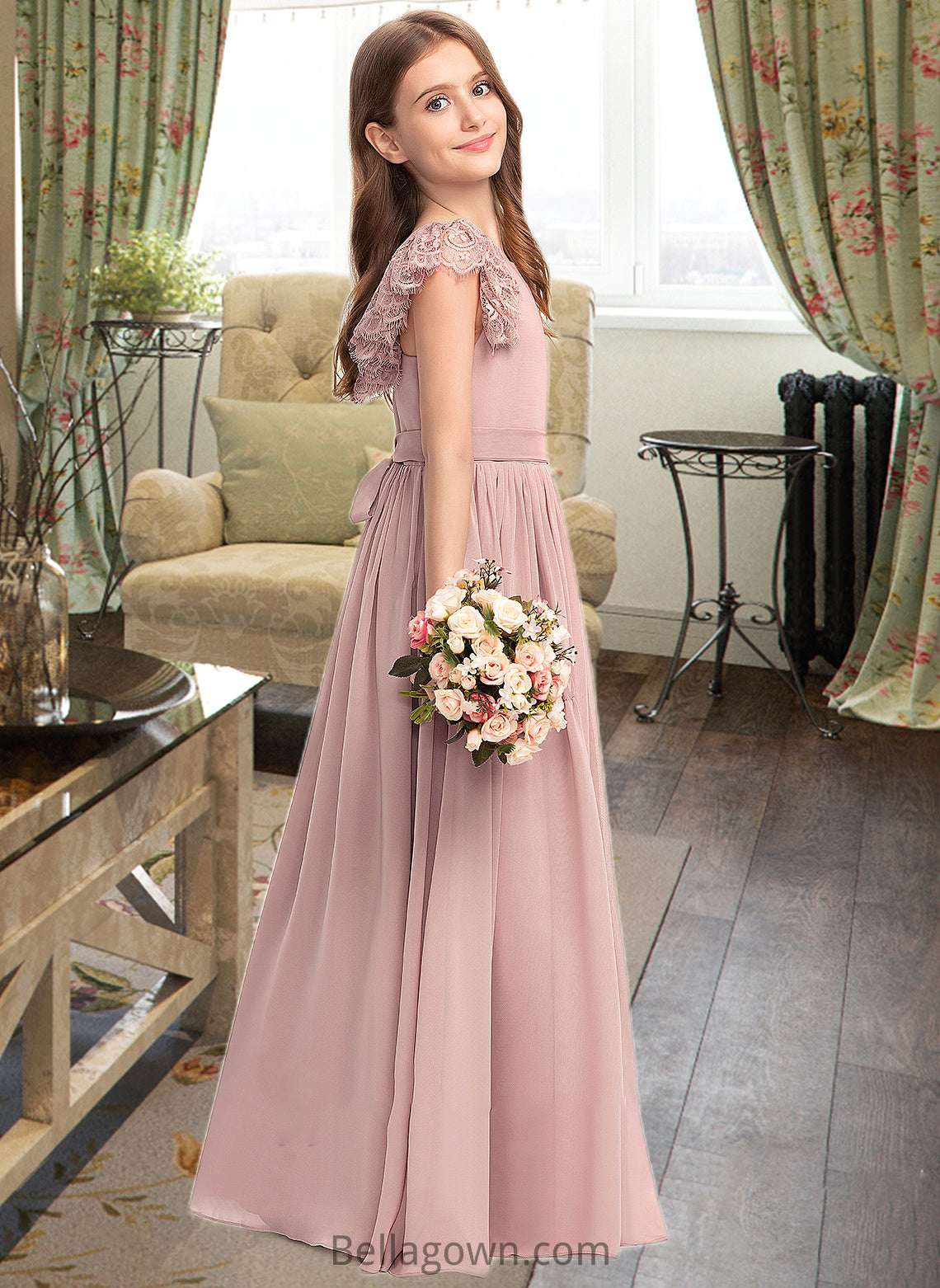 Hadley A-Line Scoop Neck Floor-Length Chiffon Lace Junior Bridesmaid Dress With Bow(s) DNP0013429