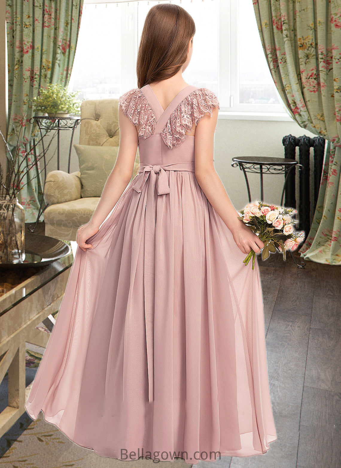 Hadley A-Line Scoop Neck Floor-Length Chiffon Lace Junior Bridesmaid Dress With Bow(s) DNP0013429