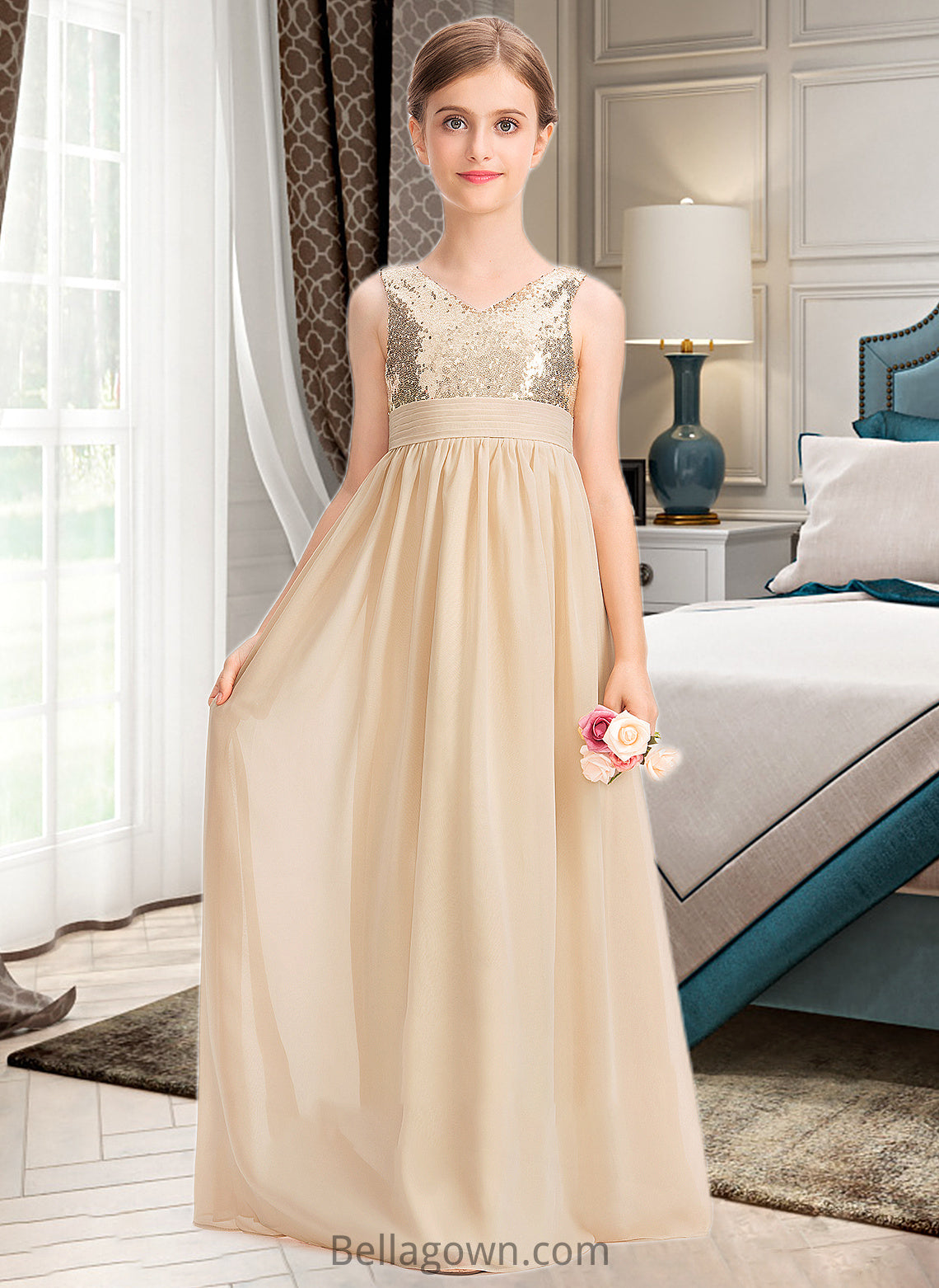 Ursula A-Line V-neck Floor-Length Chiffon Sequined Junior Bridesmaid Dress With Ruffle DNP0013430