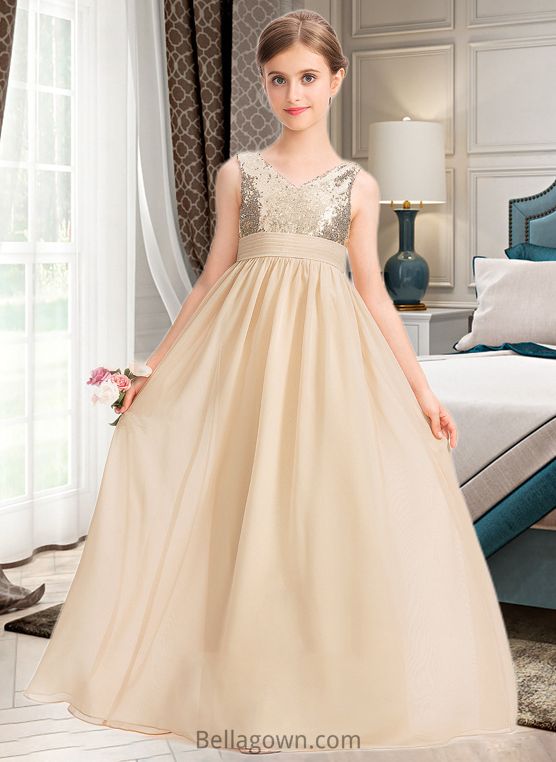 Ursula A-Line V-neck Floor-Length Chiffon Sequined Junior Bridesmaid Dress With Ruffle DNP0013430