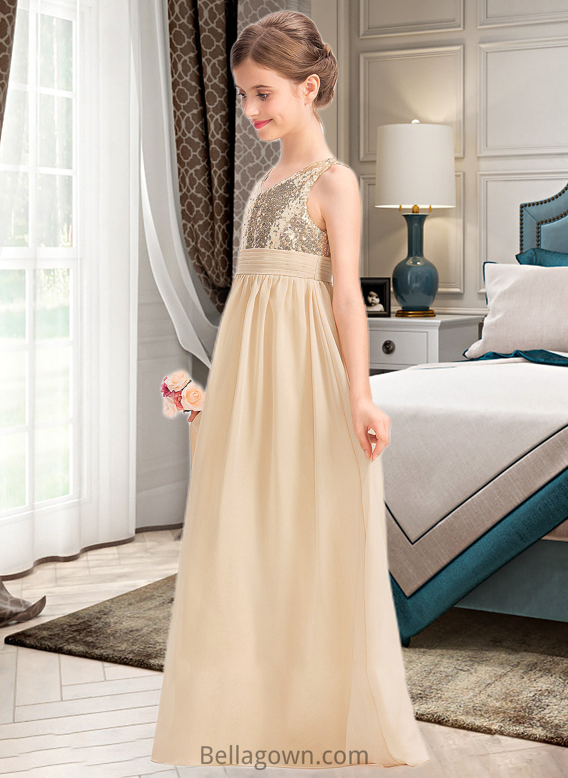 Ursula A-Line V-neck Floor-Length Chiffon Sequined Junior Bridesmaid Dress With Ruffle DNP0013430