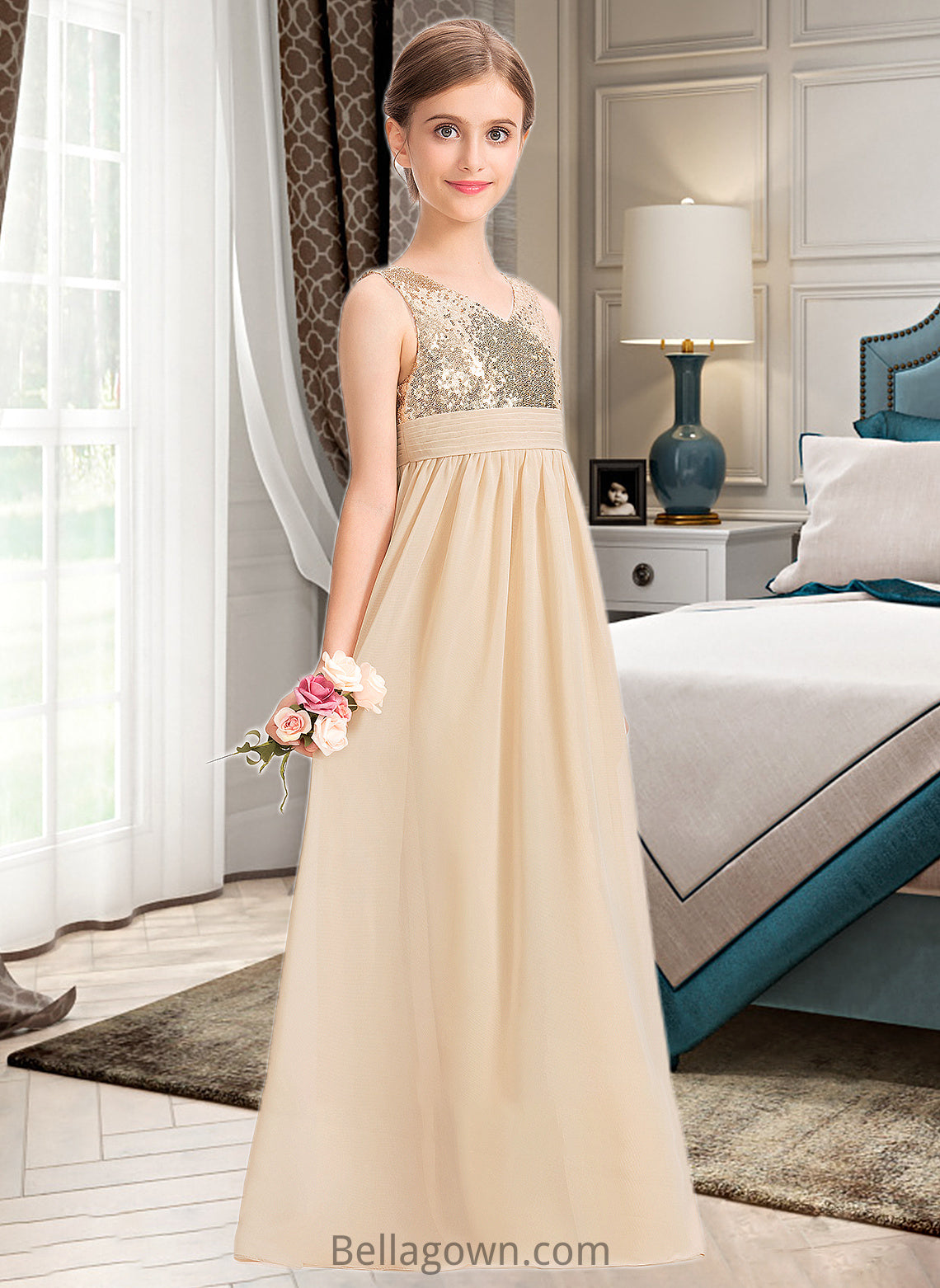 Ursula A-Line V-neck Floor-Length Chiffon Sequined Junior Bridesmaid Dress With Ruffle DNP0013430