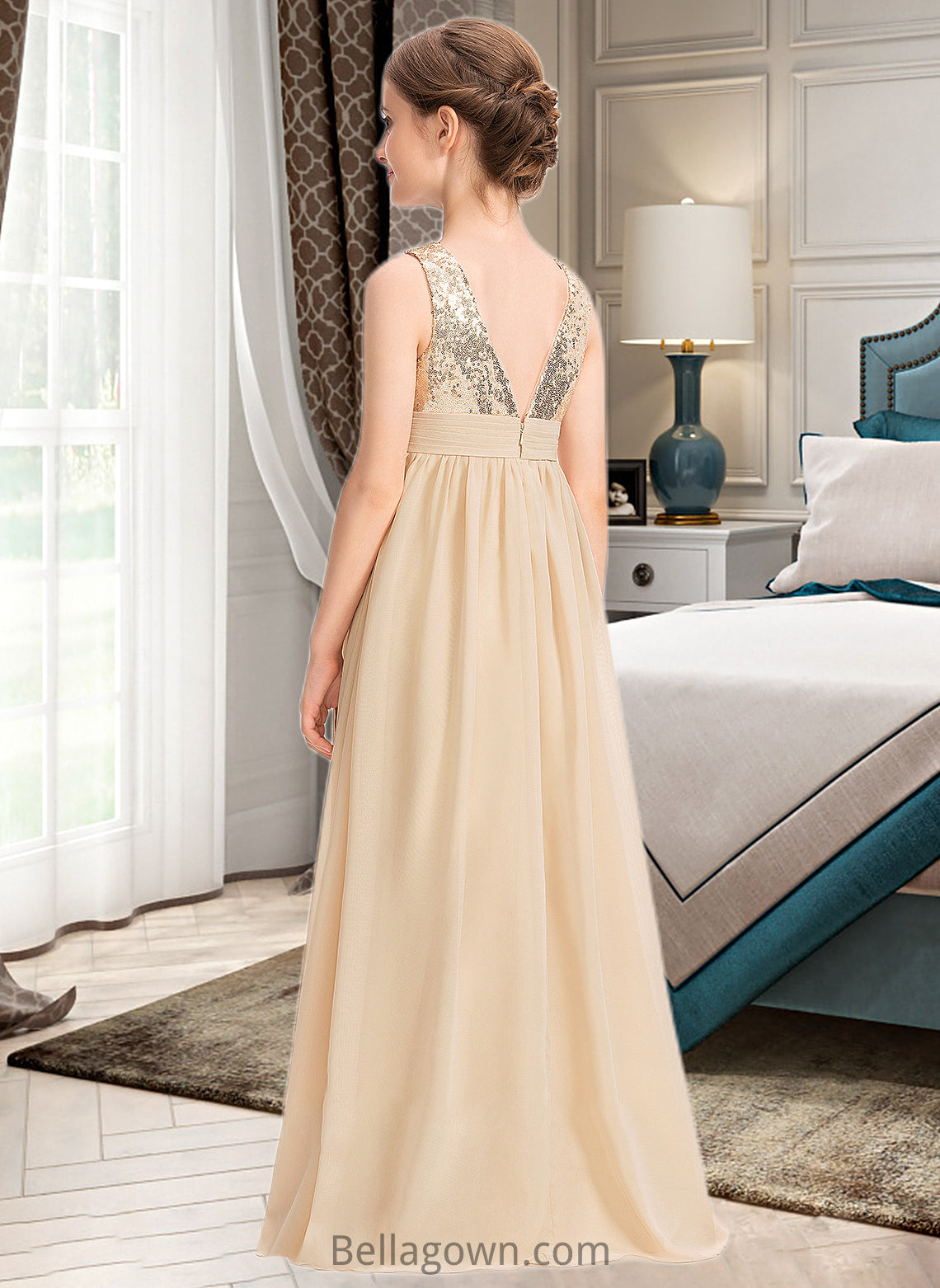 Ursula A-Line V-neck Floor-Length Chiffon Sequined Junior Bridesmaid Dress With Ruffle DNP0013430