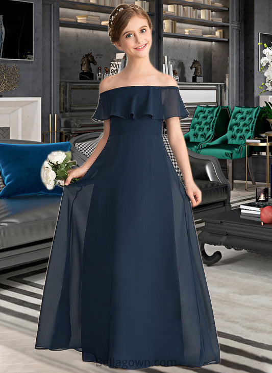 Kailyn A-Line Off-the-Shoulder Floor-Length Chiffon Junior Bridesmaid Dress With Cascading Ruffles DNP0013431