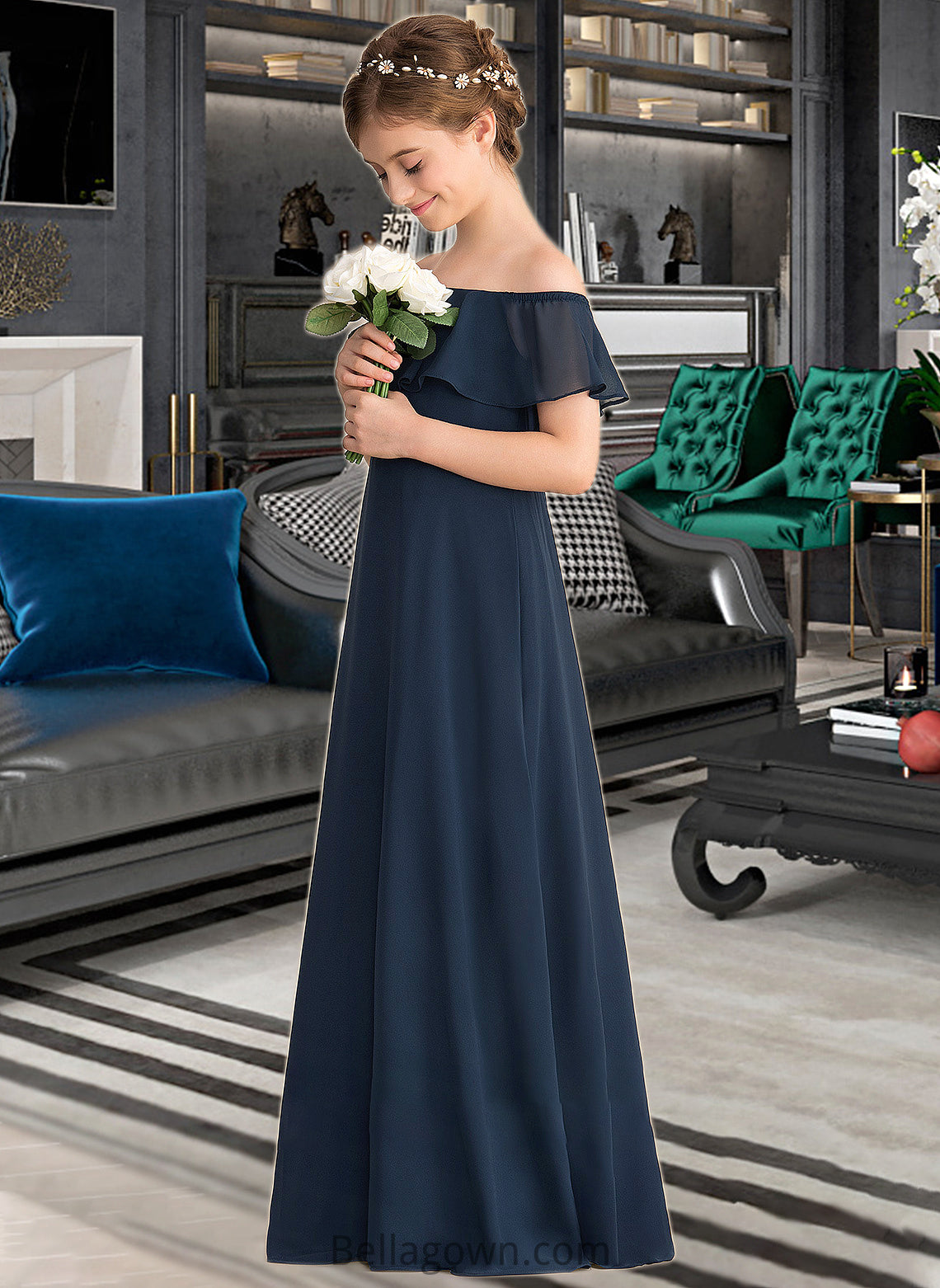 Kailyn A-Line Off-the-Shoulder Floor-Length Chiffon Junior Bridesmaid Dress With Cascading Ruffles DNP0013431