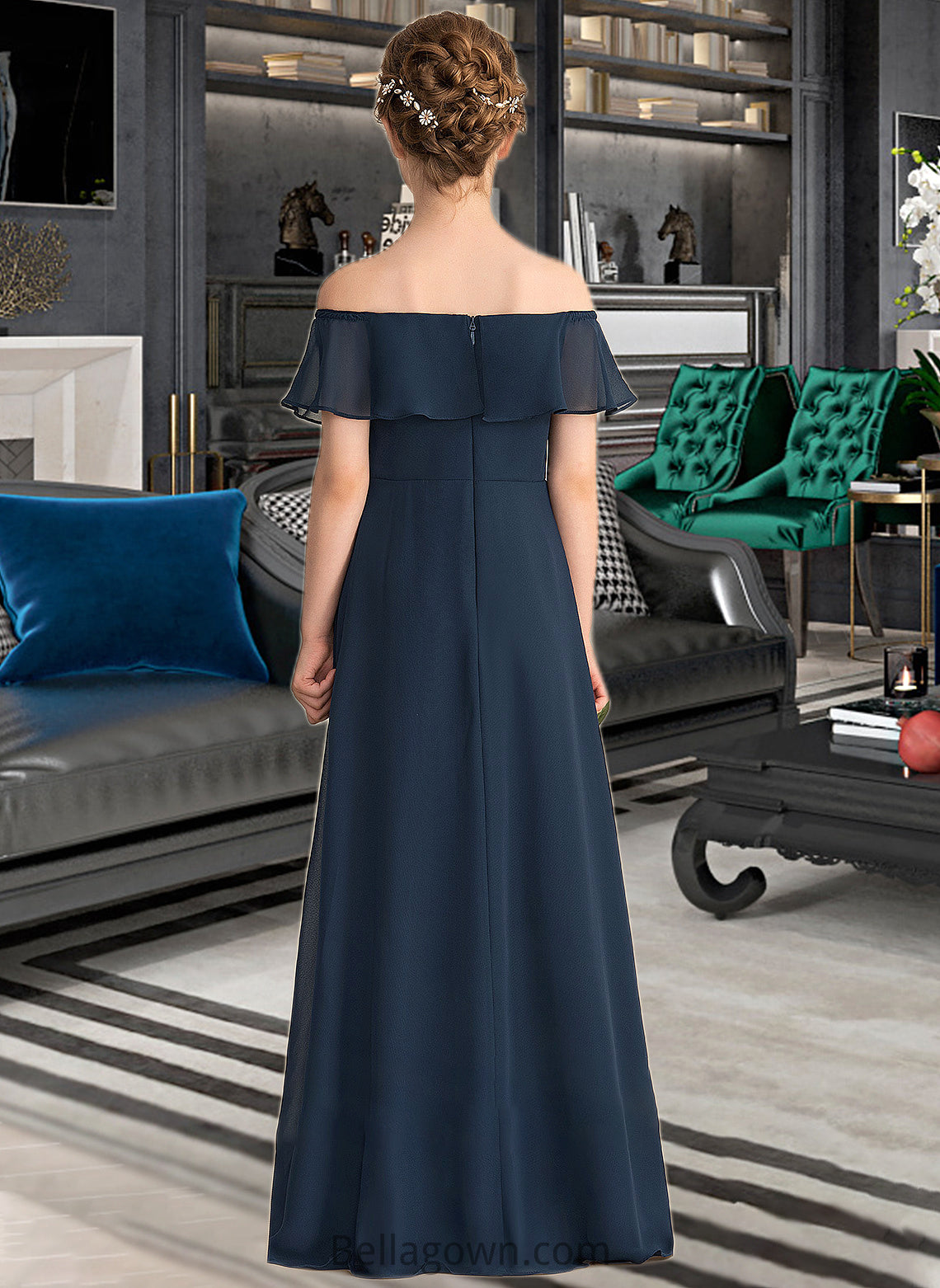 Kailyn A-Line Off-the-Shoulder Floor-Length Chiffon Junior Bridesmaid Dress With Cascading Ruffles DNP0013431