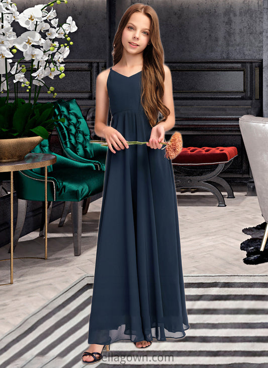 Macie A-Line V-neck Floor-Length Chiffon Junior Bridesmaid Dress With Bow(s) DNP0013432