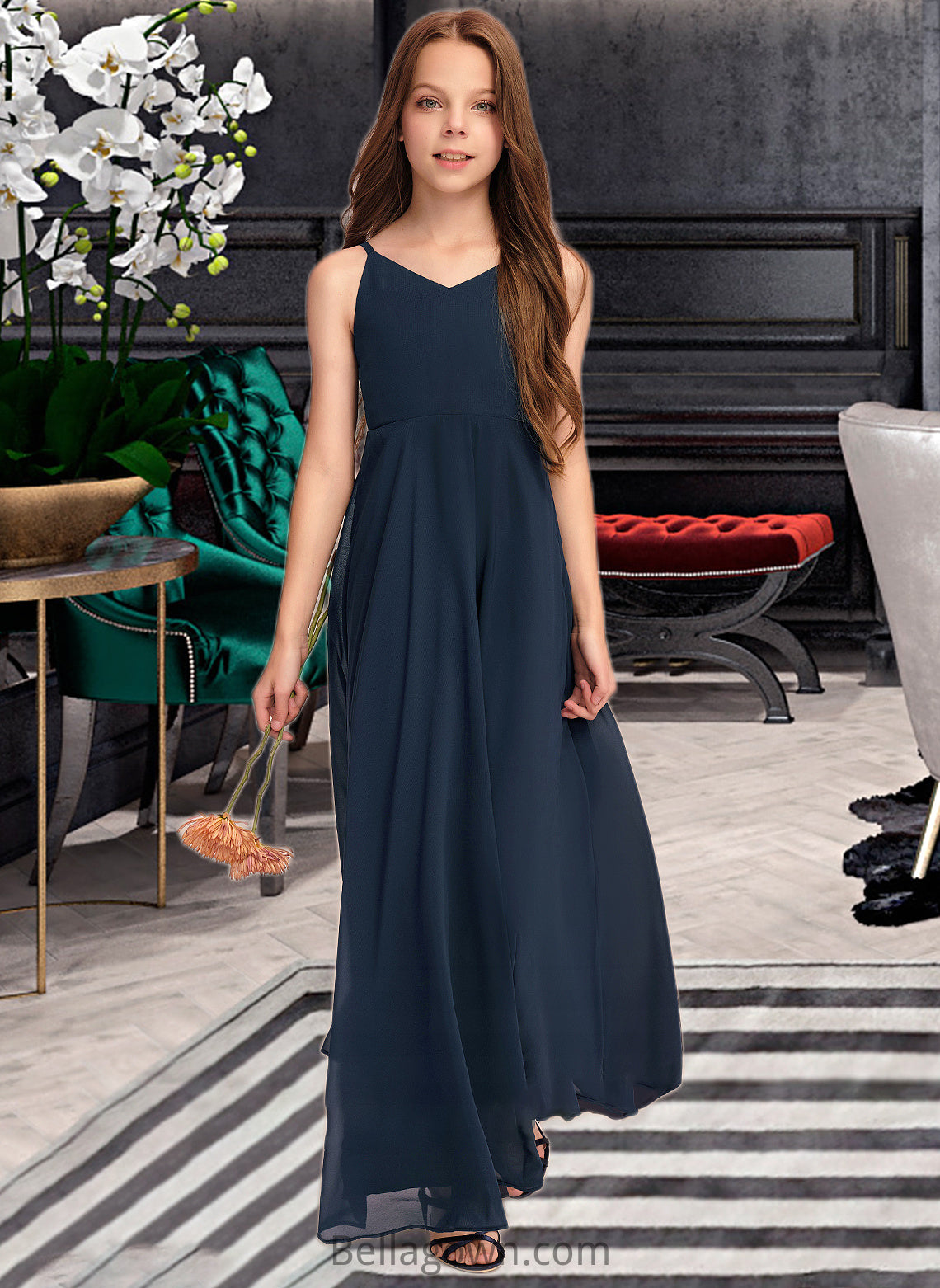 Macie A-Line V-neck Floor-Length Chiffon Junior Bridesmaid Dress With Bow(s) DNP0013432