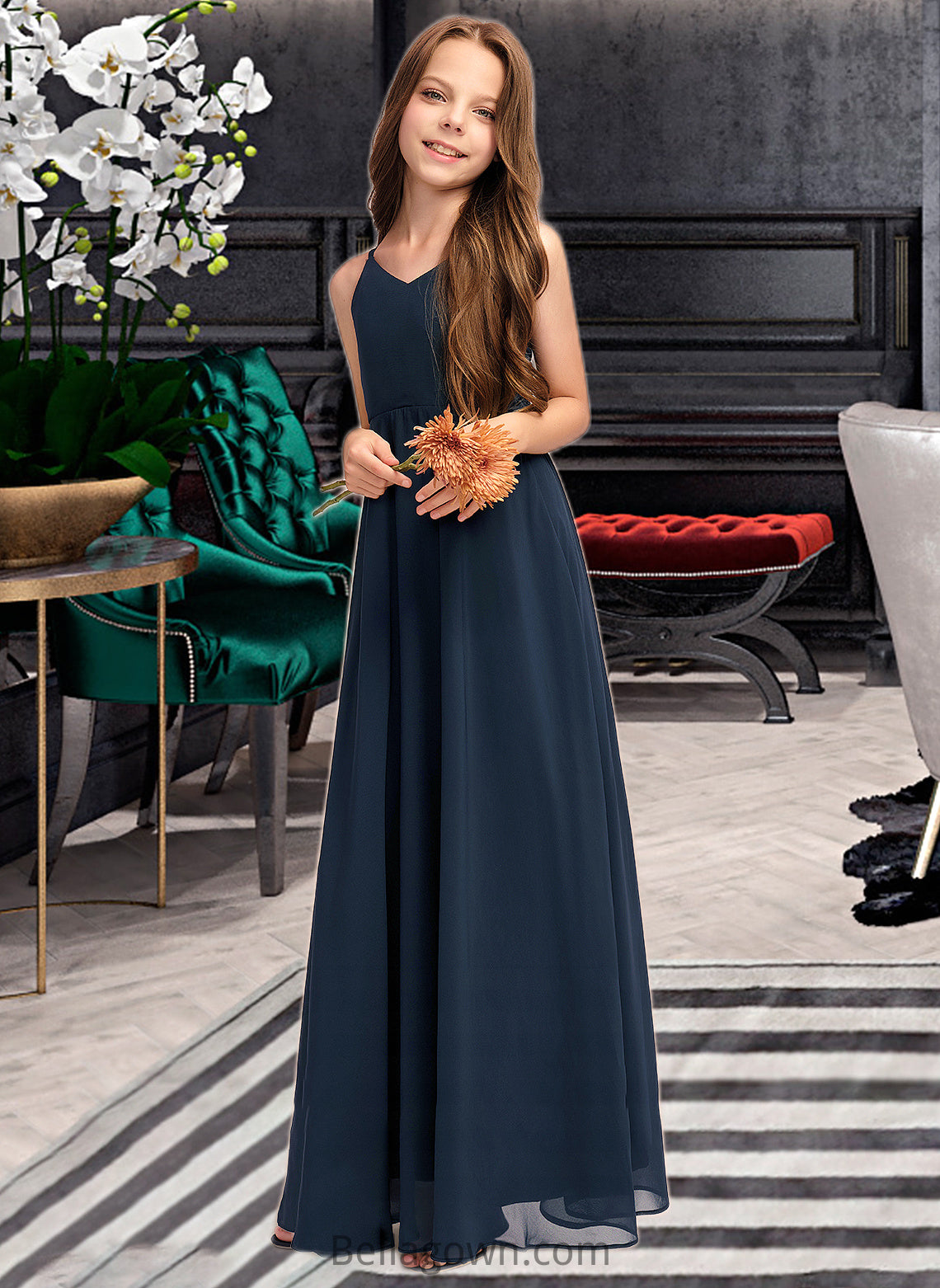 Macie A-Line V-neck Floor-Length Chiffon Junior Bridesmaid Dress With Bow(s) DNP0013432