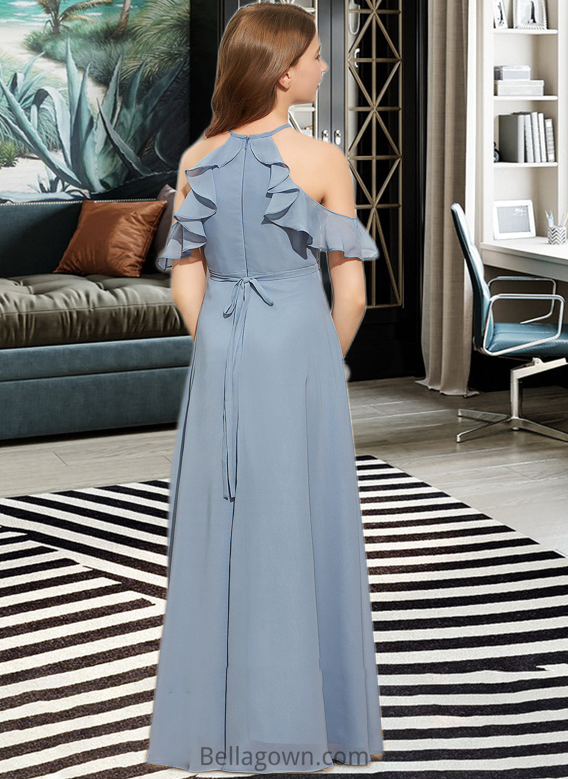 Avah A-Line Scoop Neck Floor-Length Chiffon Junior Bridesmaid Dress With Bow(s) Cascading Ruffles DNP0013433