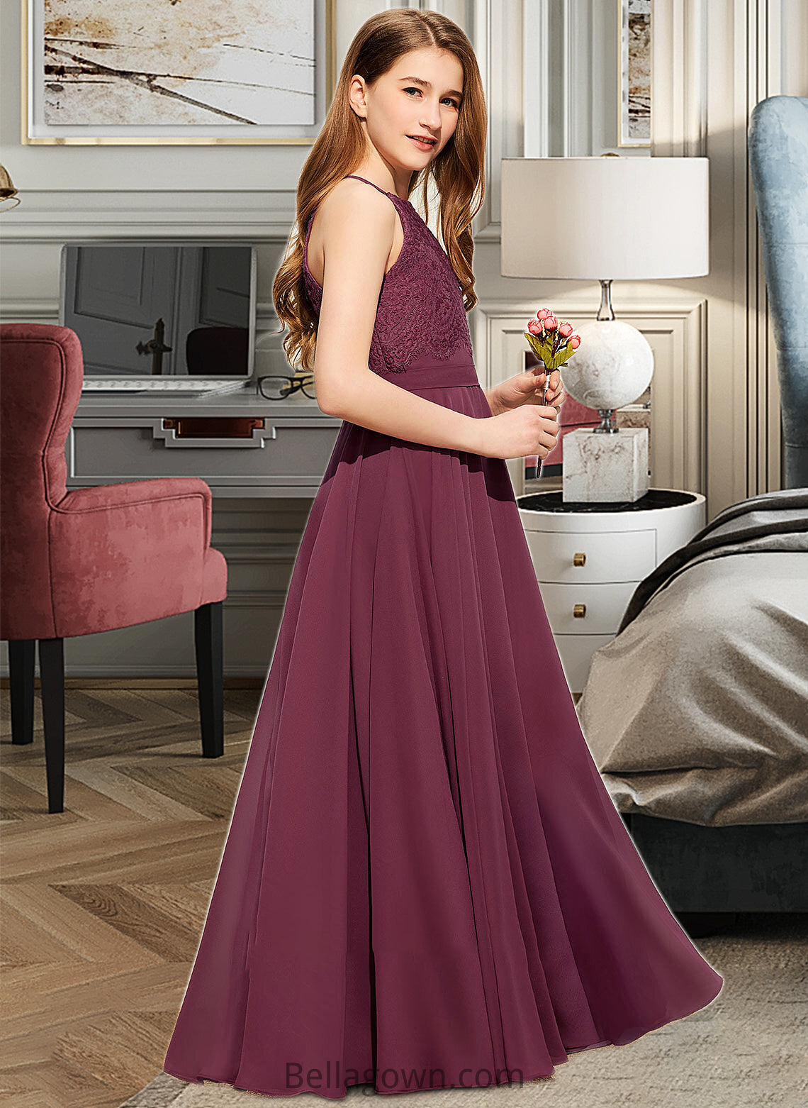 Heidi A-Line Square Neckline Floor-Length Chiffon Lace Junior Bridesmaid Dress DNP0013434