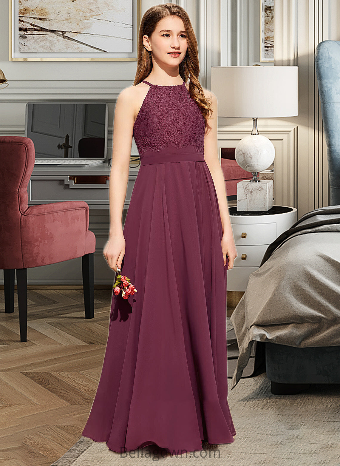 Heidi A-Line Square Neckline Floor-Length Chiffon Lace Junior Bridesmaid Dress DNP0013434