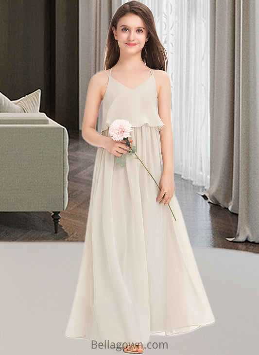 Iris A-Line V-neck Floor-Length Chiffon Junior Bridesmaid Dress DNP0013435