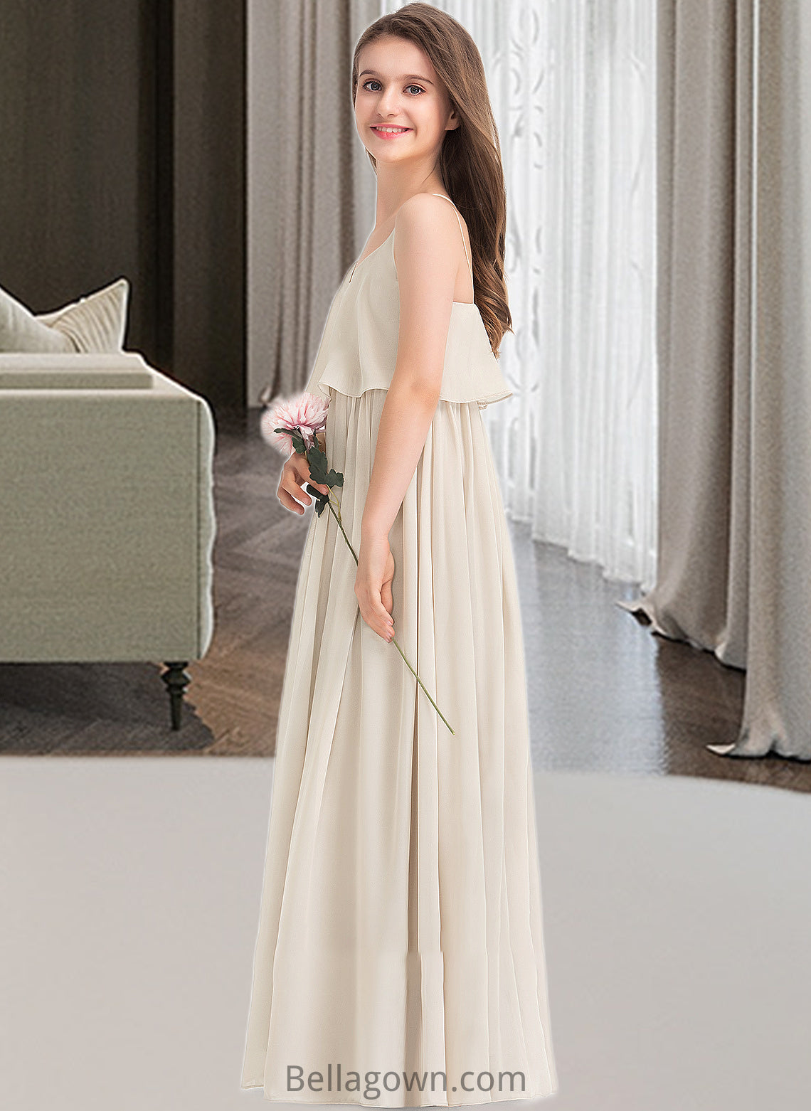 Iris A-Line V-neck Floor-Length Chiffon Junior Bridesmaid Dress DNP0013435