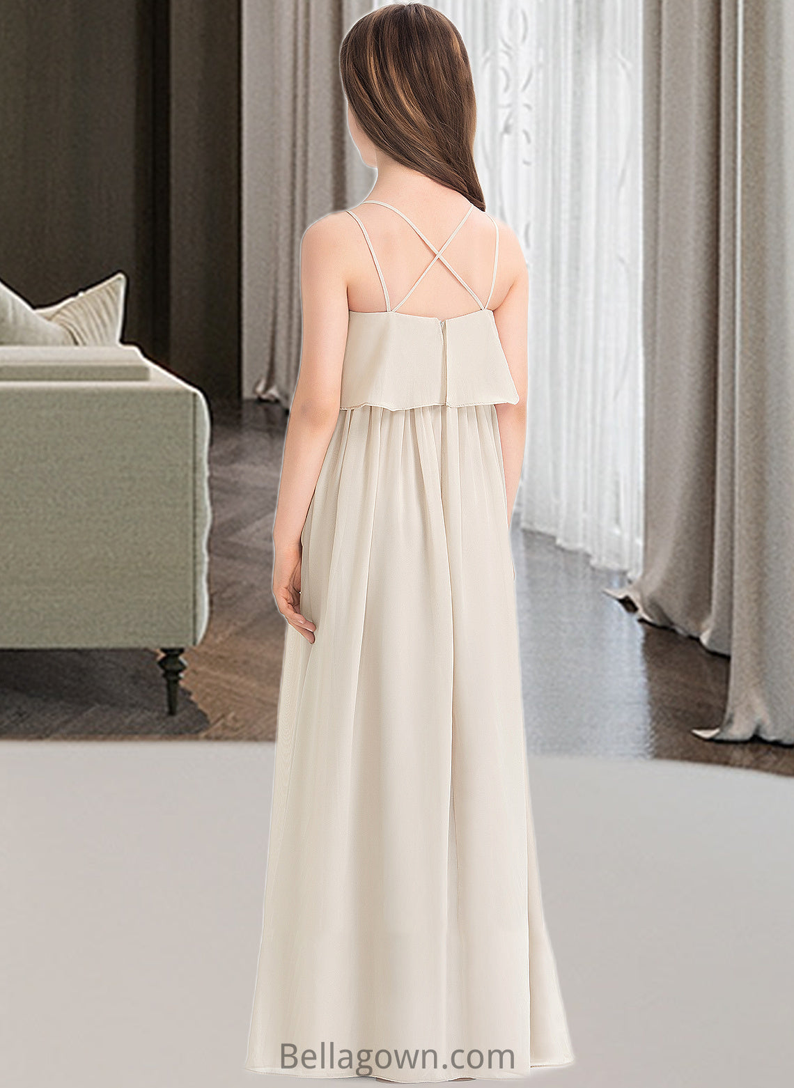 Iris A-Line V-neck Floor-Length Chiffon Junior Bridesmaid Dress DNP0013435