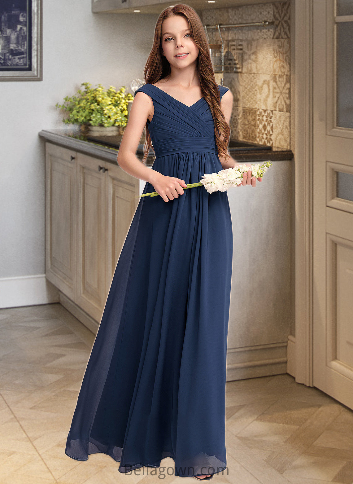 Maud A-Line Off-the-Shoulder Floor-Length Chiffon Junior Bridesmaid Dress With Ruffles DNP0013436