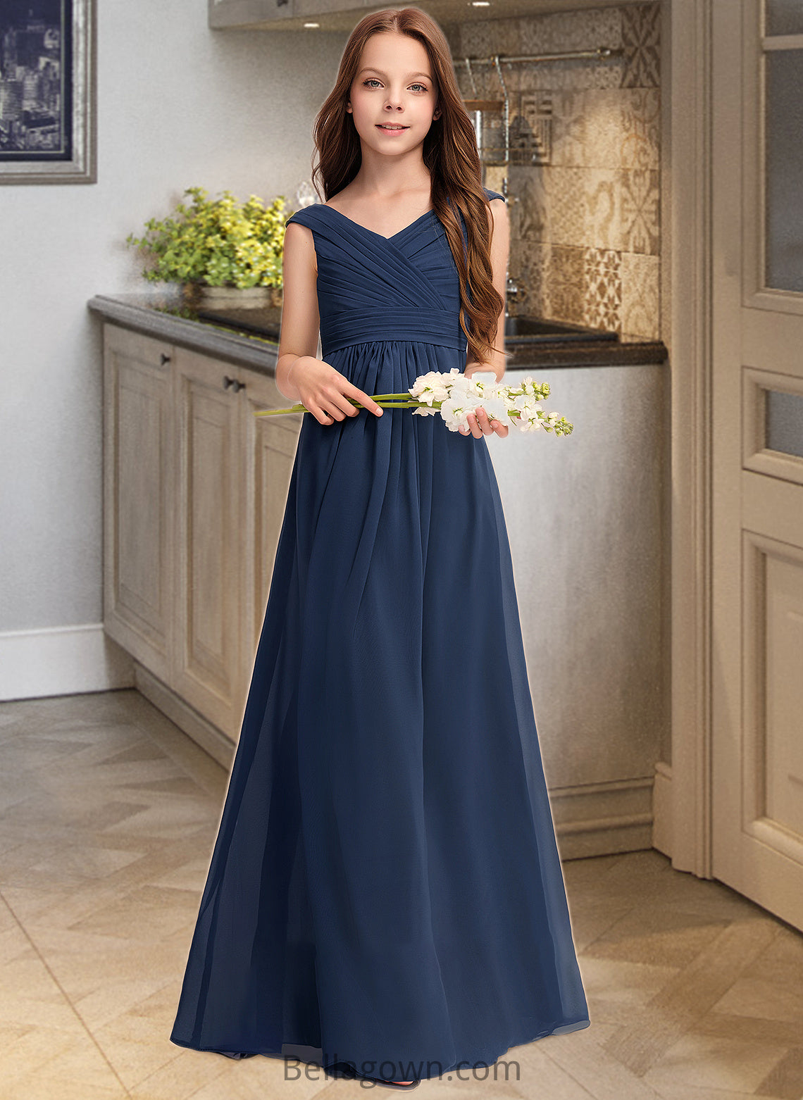 Maud A-Line Off-the-Shoulder Floor-Length Chiffon Junior Bridesmaid Dress With Ruffles DNP0013436