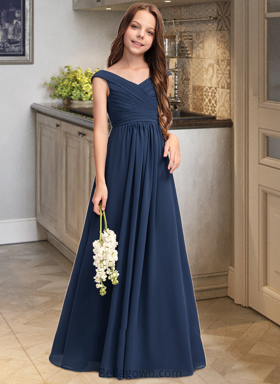 Maud A-Line Off-the-Shoulder Floor-Length Chiffon Junior Bridesmaid Dress With Ruffles DNP0013436