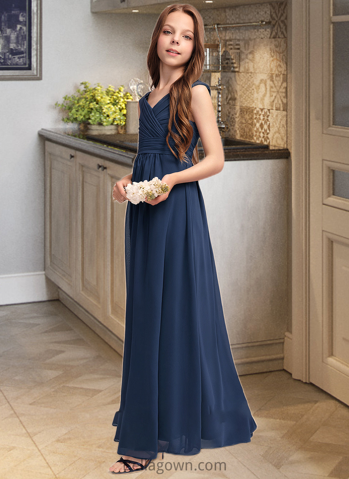 Maud A-Line Off-the-Shoulder Floor-Length Chiffon Junior Bridesmaid Dress With Ruffles DNP0013436