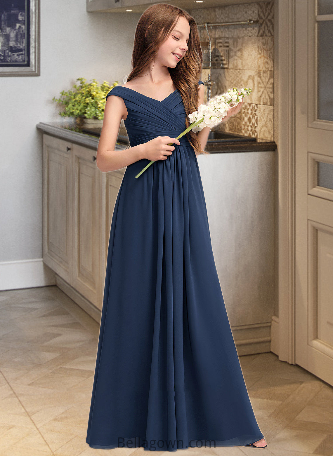 Maud A-Line Off-the-Shoulder Floor-Length Chiffon Junior Bridesmaid Dress With Ruffles DNP0013436