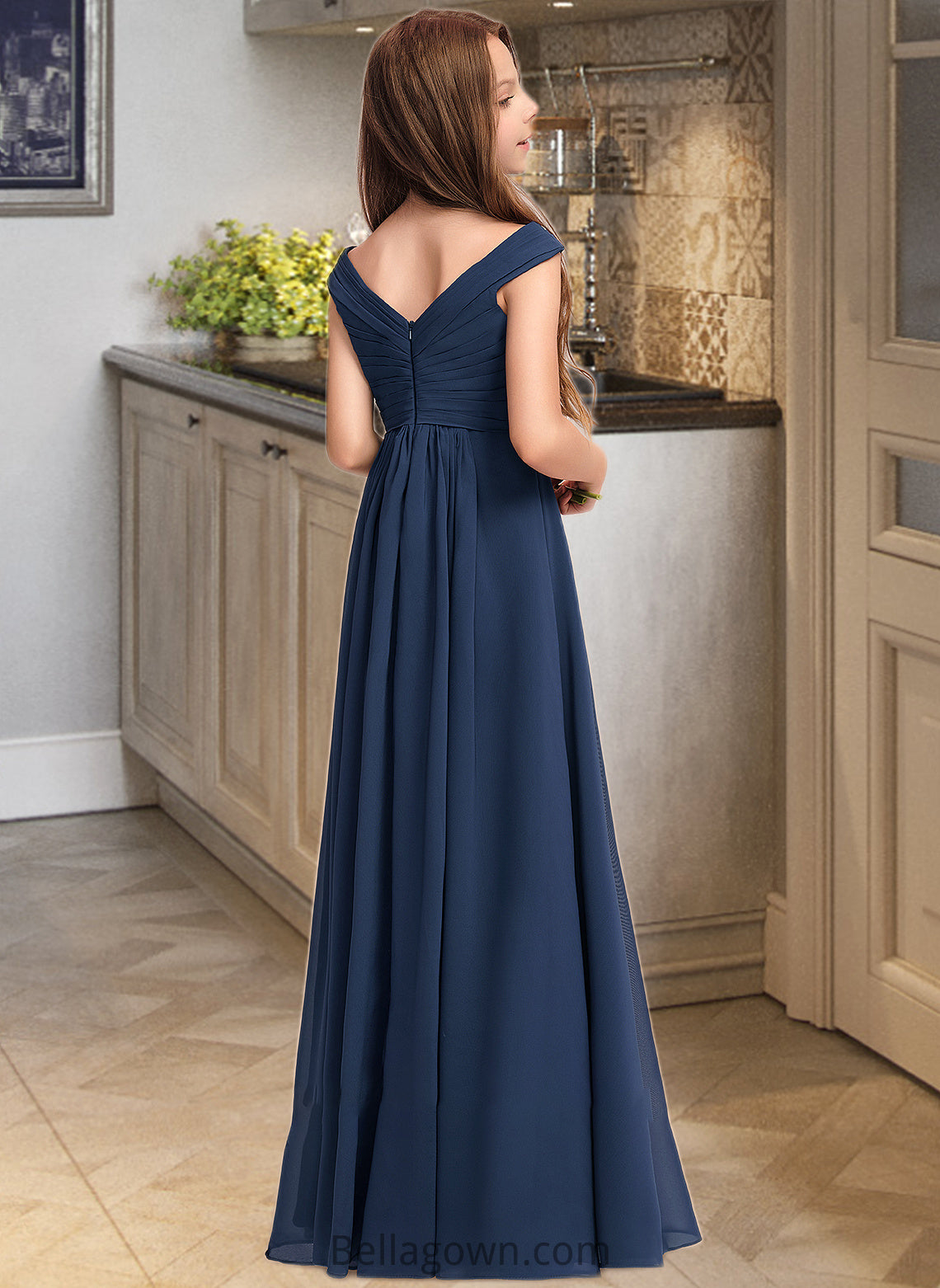 Maud A-Line Off-the-Shoulder Floor-Length Chiffon Junior Bridesmaid Dress With Ruffles DNP0013436