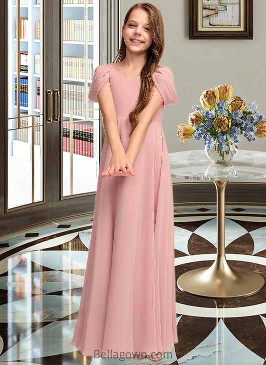 Maleah A-Line V-neck Floor-Length Chiffon Junior Bridesmaid Dress With Ruffle DNP0013437