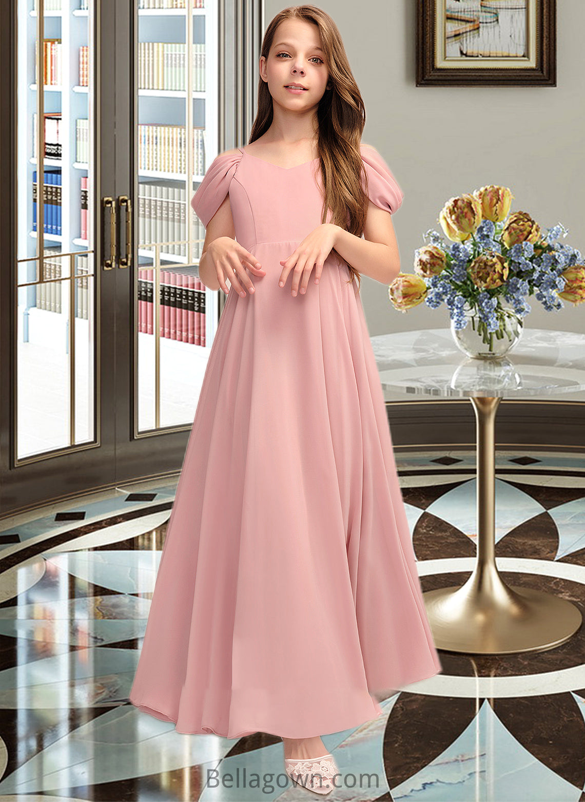 Maleah A-Line V-neck Floor-Length Chiffon Junior Bridesmaid Dress With Ruffle DNP0013437