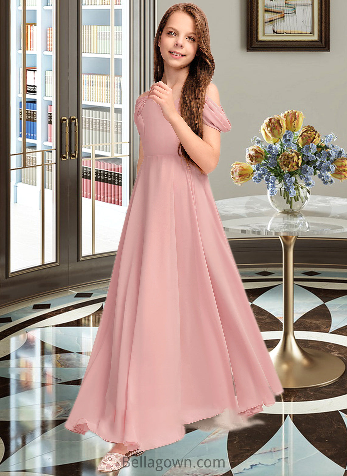 Maleah A-Line V-neck Floor-Length Chiffon Junior Bridesmaid Dress With Ruffle DNP0013437