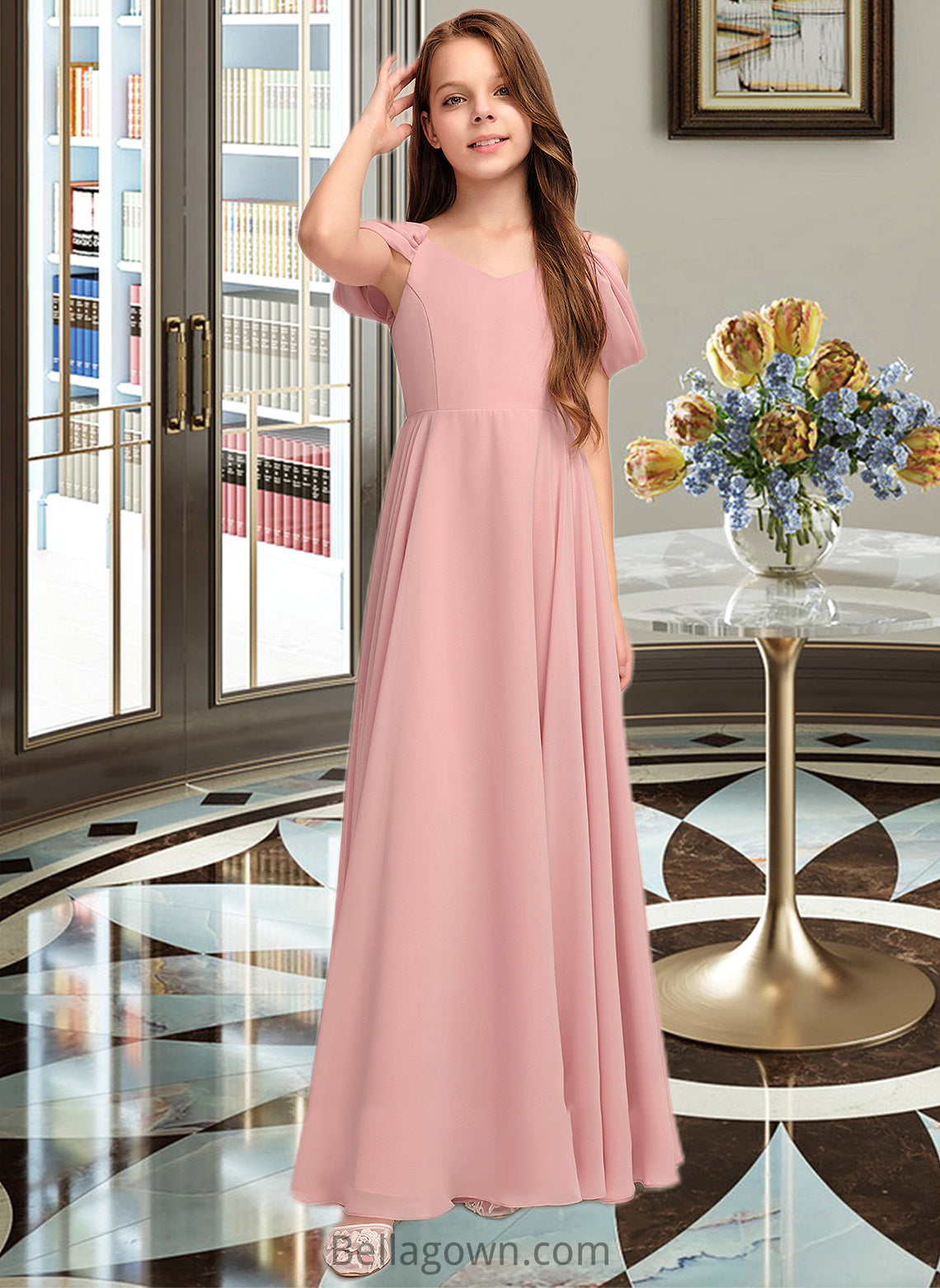 Maleah A-Line V-neck Floor-Length Chiffon Junior Bridesmaid Dress With Ruffle DNP0013437