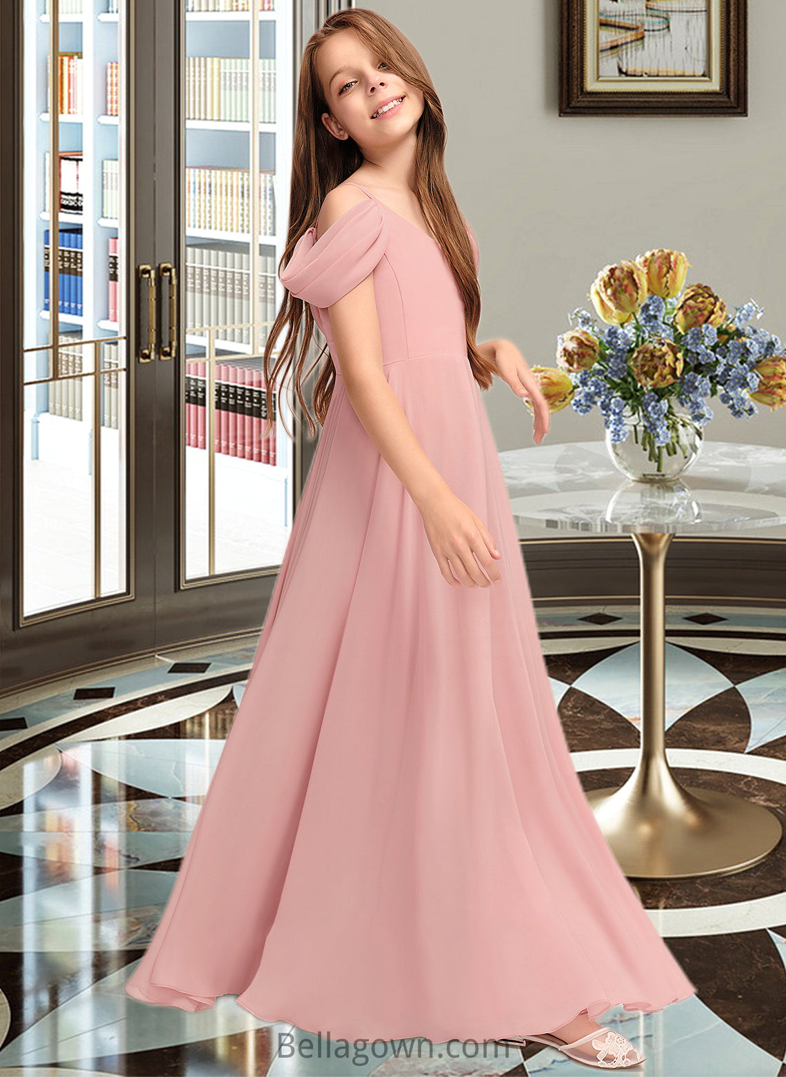 Maleah A-Line V-neck Floor-Length Chiffon Junior Bridesmaid Dress With Ruffle DNP0013437