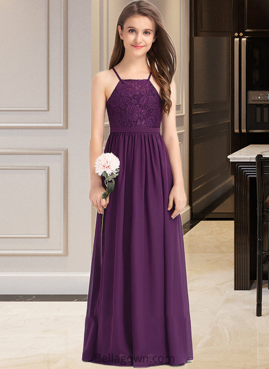 Jazlynn A-Line Square Neckline Floor-Length Chiffon Lace Junior Bridesmaid Dress With Bow(s) DNP0013438