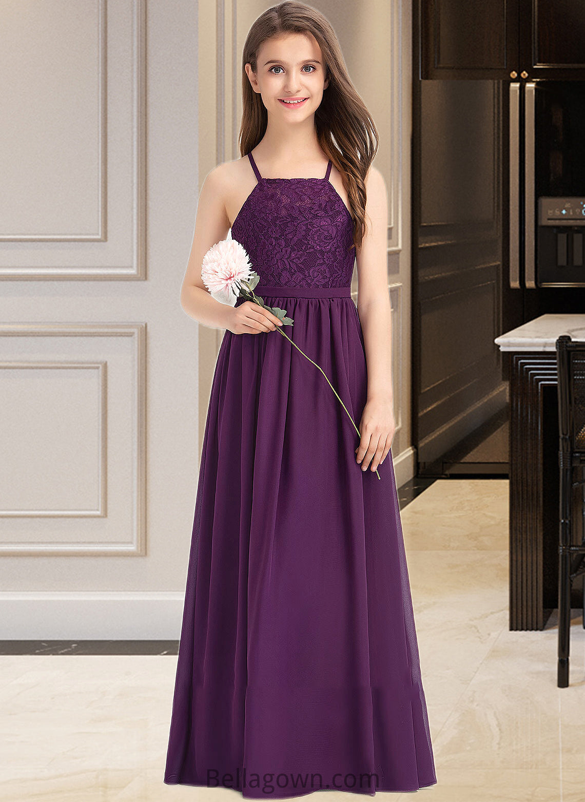 Jazlynn A-Line Square Neckline Floor-Length Chiffon Lace Junior Bridesmaid Dress With Bow(s) DNP0013438