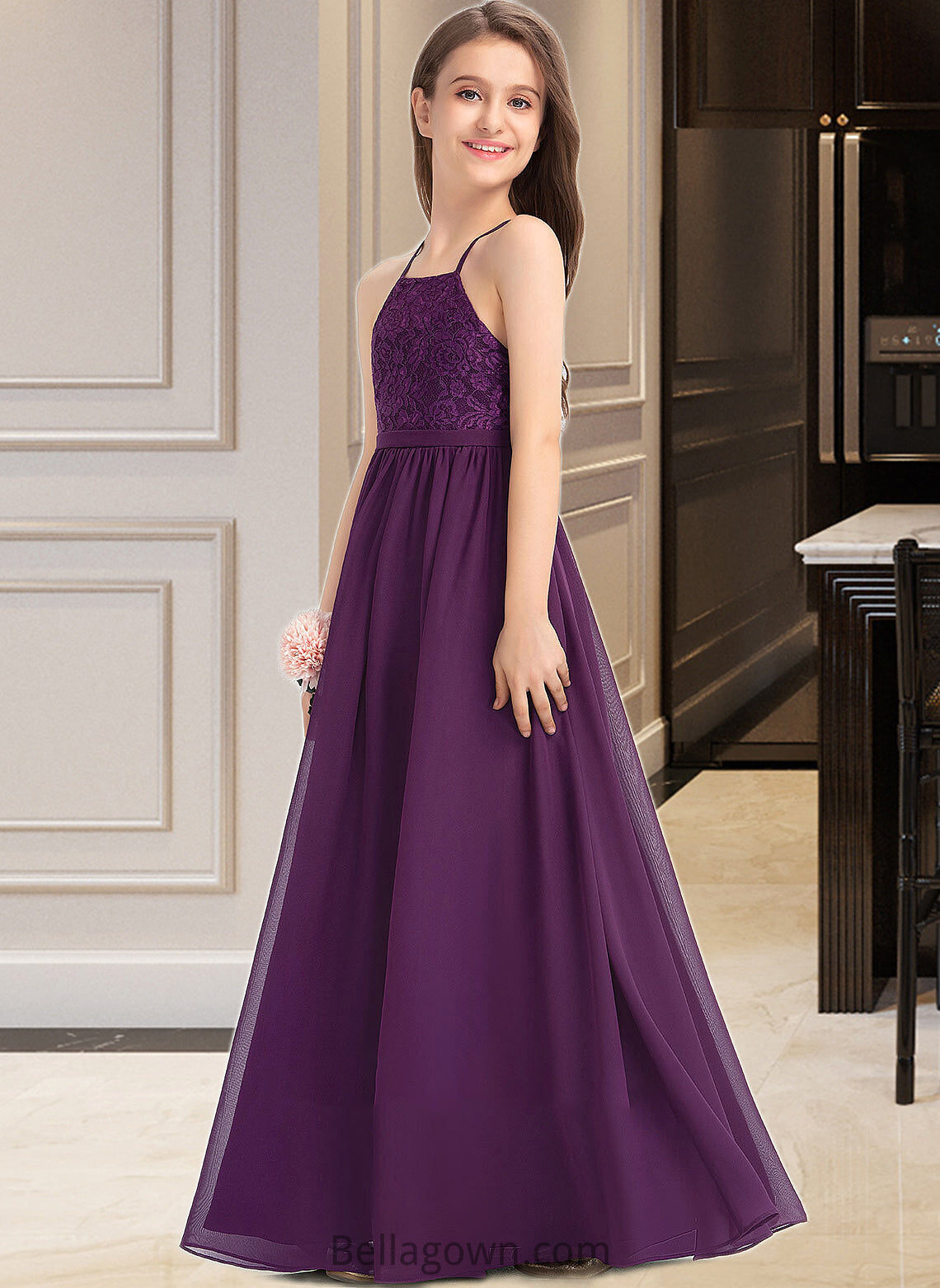 Jazlynn A-Line Square Neckline Floor-Length Chiffon Lace Junior Bridesmaid Dress With Bow(s) DNP0013438