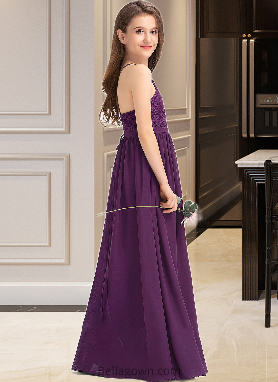 Jazlynn A-Line Square Neckline Floor-Length Chiffon Lace Junior Bridesmaid Dress With Bow(s) DNP0013438