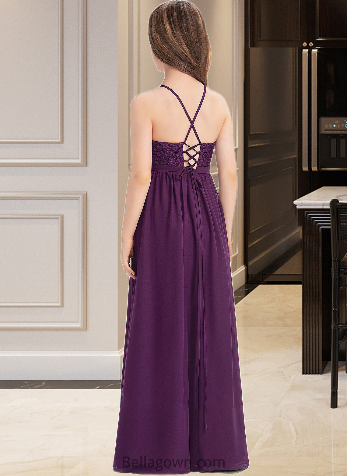 Jazlynn A-Line Square Neckline Floor-Length Chiffon Lace Junior Bridesmaid Dress With Bow(s) DNP0013438