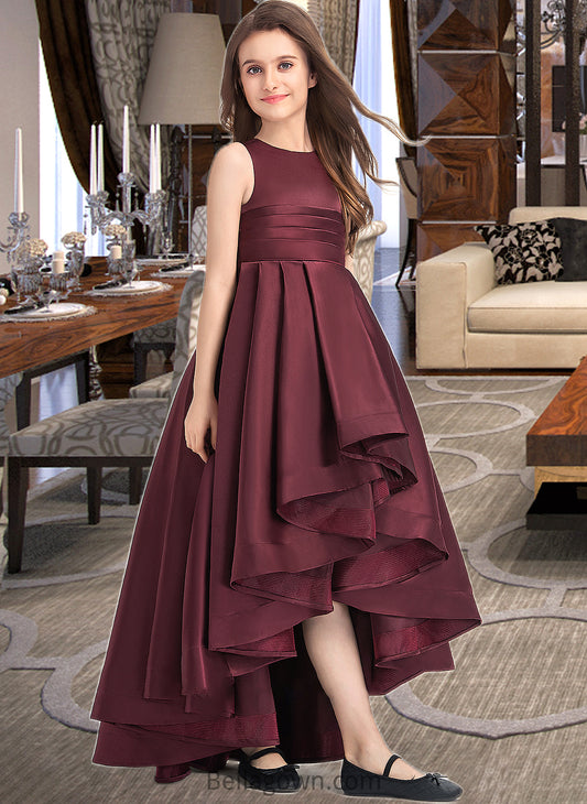 Chanel A-Line Scoop Neck Asymmetrical Satin Junior Bridesmaid Dress With Ruffle DNP0013439