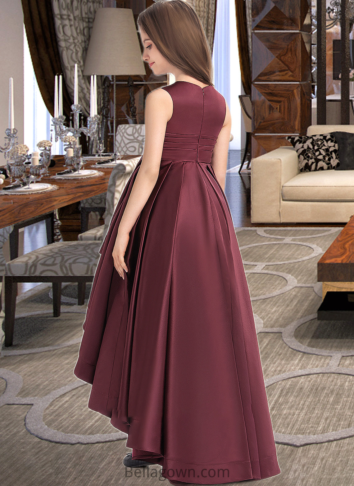 Chanel A-Line Scoop Neck Asymmetrical Satin Junior Bridesmaid Dress With Ruffle DNP0013439