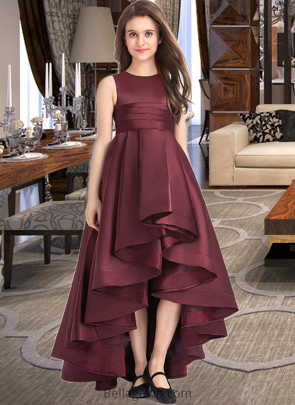 Chanel A-Line Scoop Neck Asymmetrical Satin Junior Bridesmaid Dress With Ruffle DNP0013439