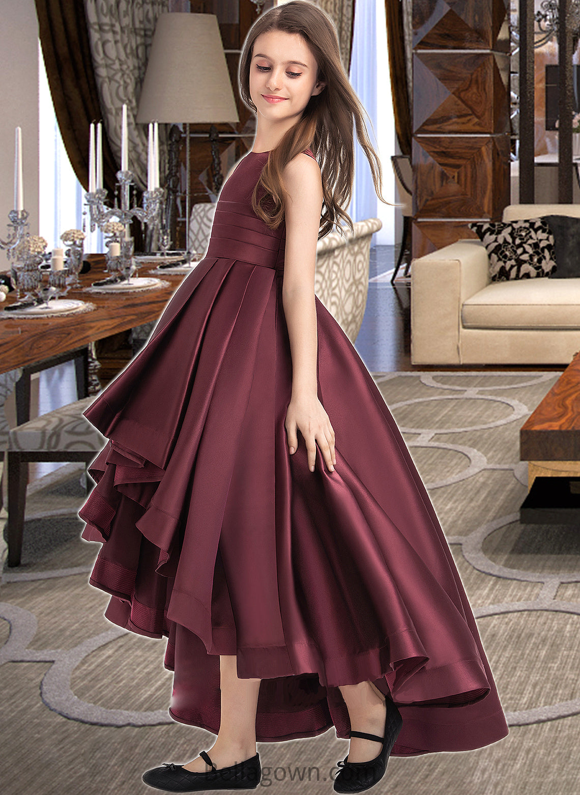 Chanel A-Line Scoop Neck Asymmetrical Satin Junior Bridesmaid Dress With Ruffle DNP0013439