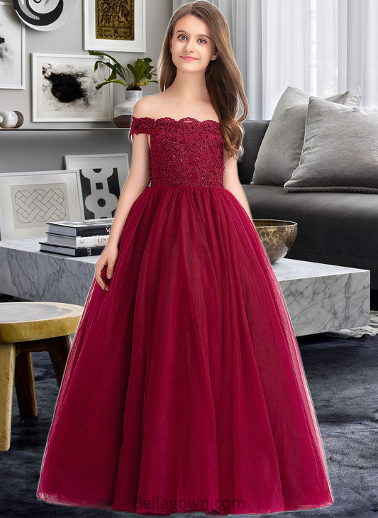 Pru Ball-Gown/Princess Off-the-Shoulder Floor-Length Tulle Lace Junior Bridesmaid Dress With Beading Sequins DNP0013440