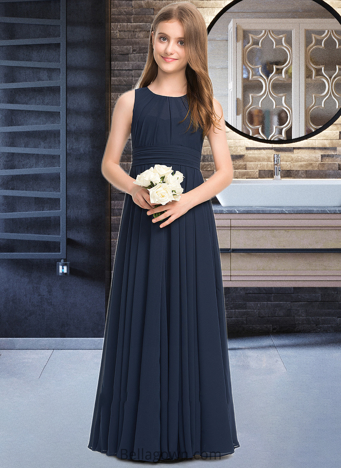 Hallie A-Line Scoop Neck Floor-Length Chiffon Junior Bridesmaid Dress With Ruffle DNP0013441