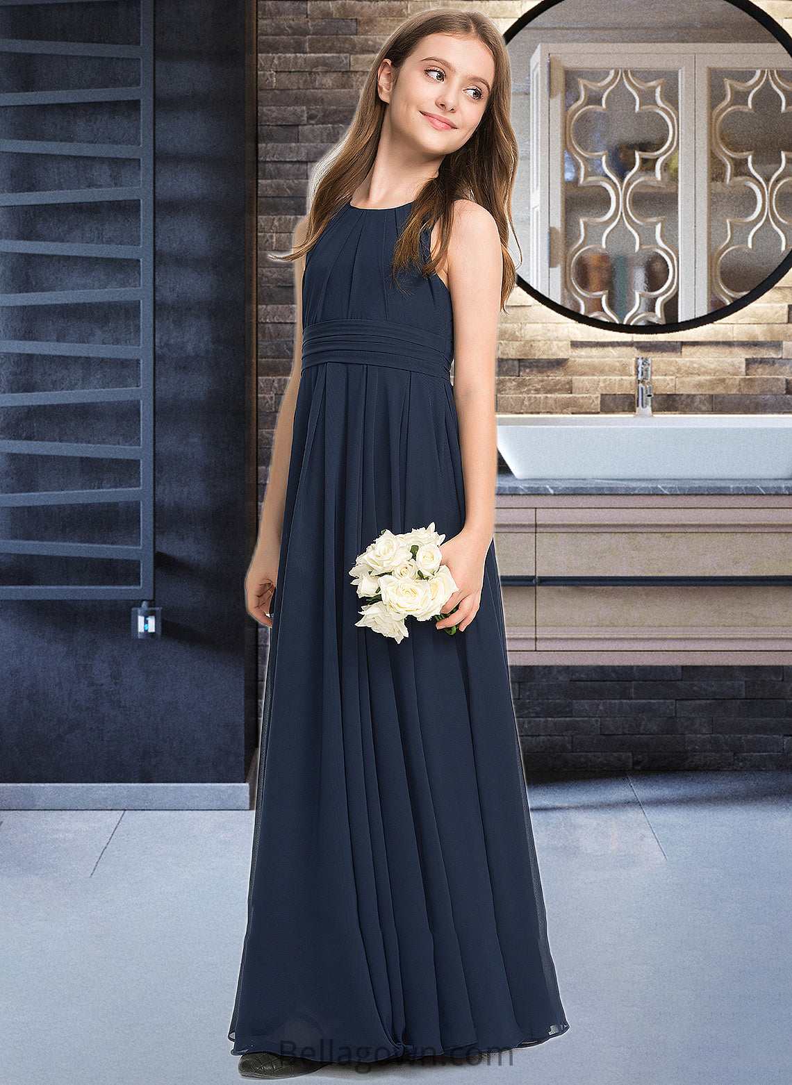 Hallie A-Line Scoop Neck Floor-Length Chiffon Junior Bridesmaid Dress With Ruffle DNP0013441