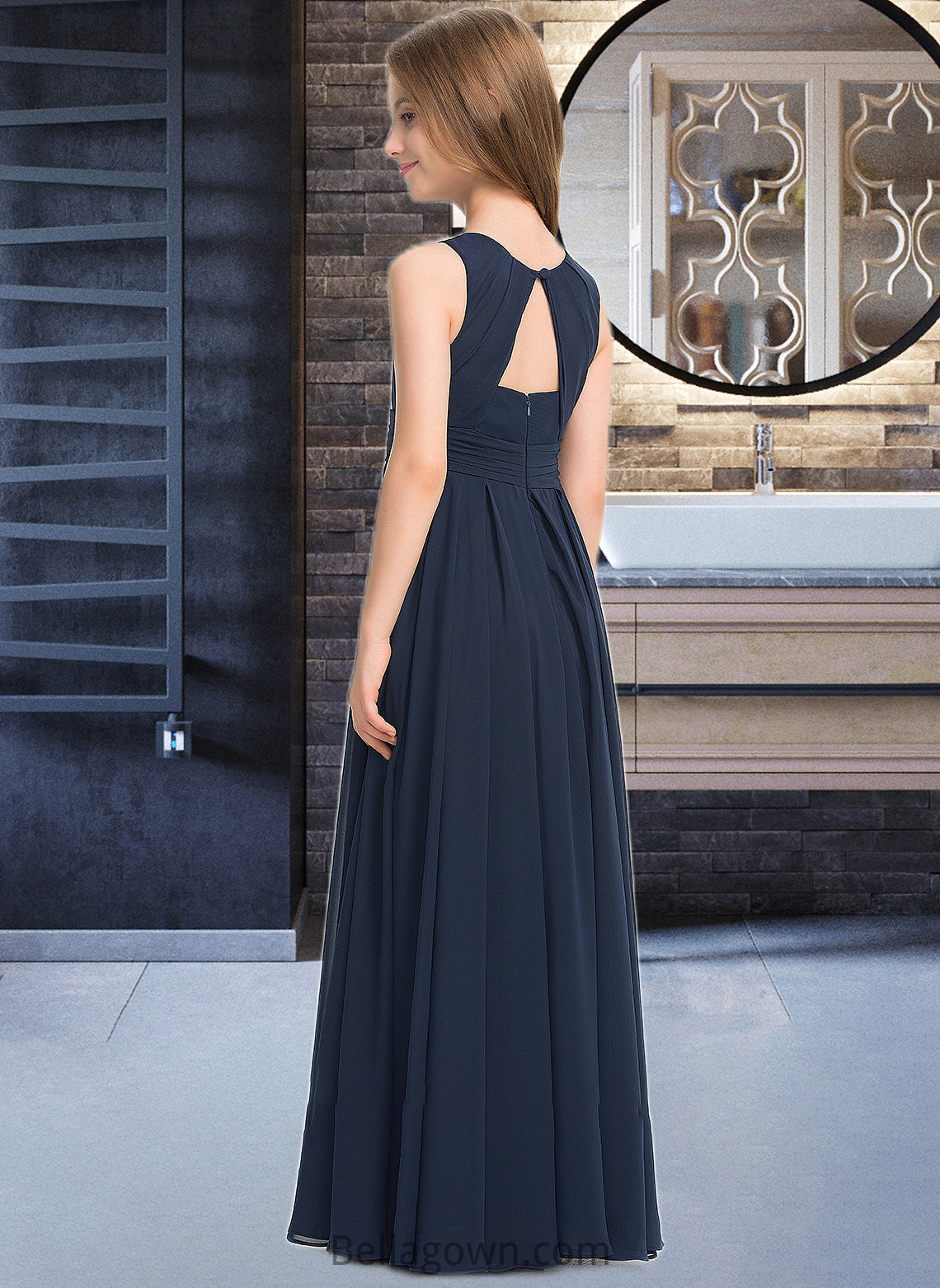 Hallie A-Line Scoop Neck Floor-Length Chiffon Junior Bridesmaid Dress With Ruffle DNP0013441