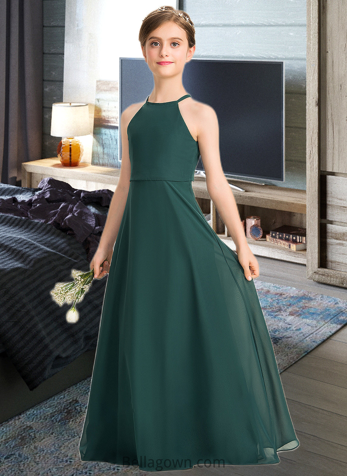 Jaylee A-Line Scoop Neck Floor-Length Chiffon Junior Bridesmaid Dress DNP0013442