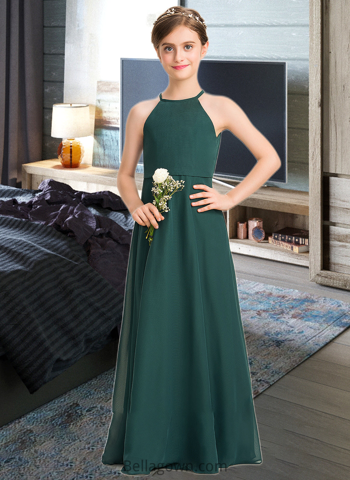 Jaylee A-Line Scoop Neck Floor-Length Chiffon Junior Bridesmaid Dress DNP0013442