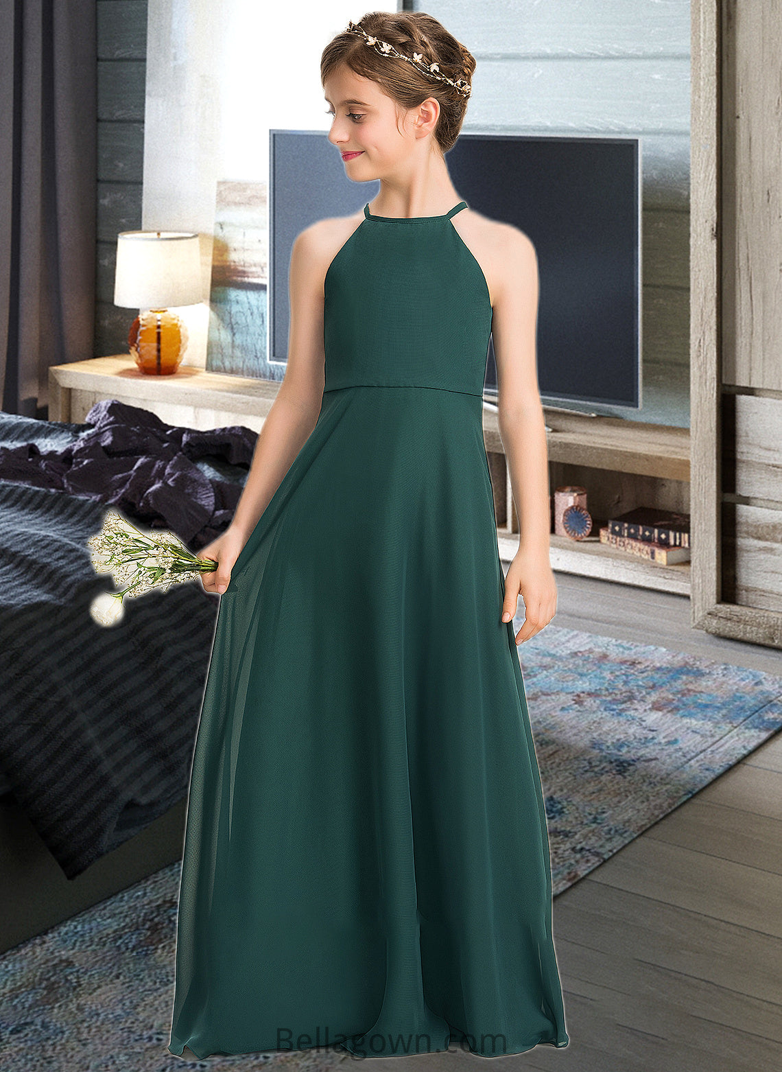 Jaylee A-Line Scoop Neck Floor-Length Chiffon Junior Bridesmaid Dress DNP0013442